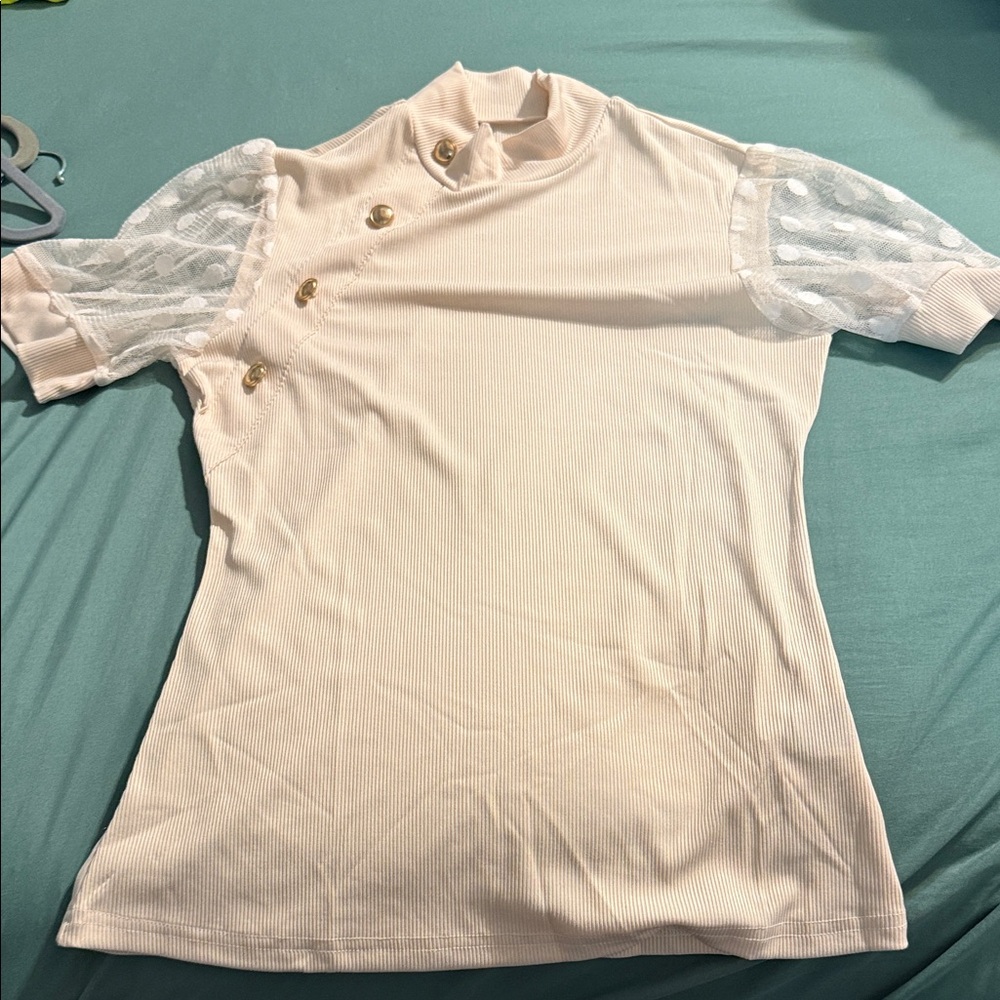 SHEIN Cream Top with Lace and Gold Buttons